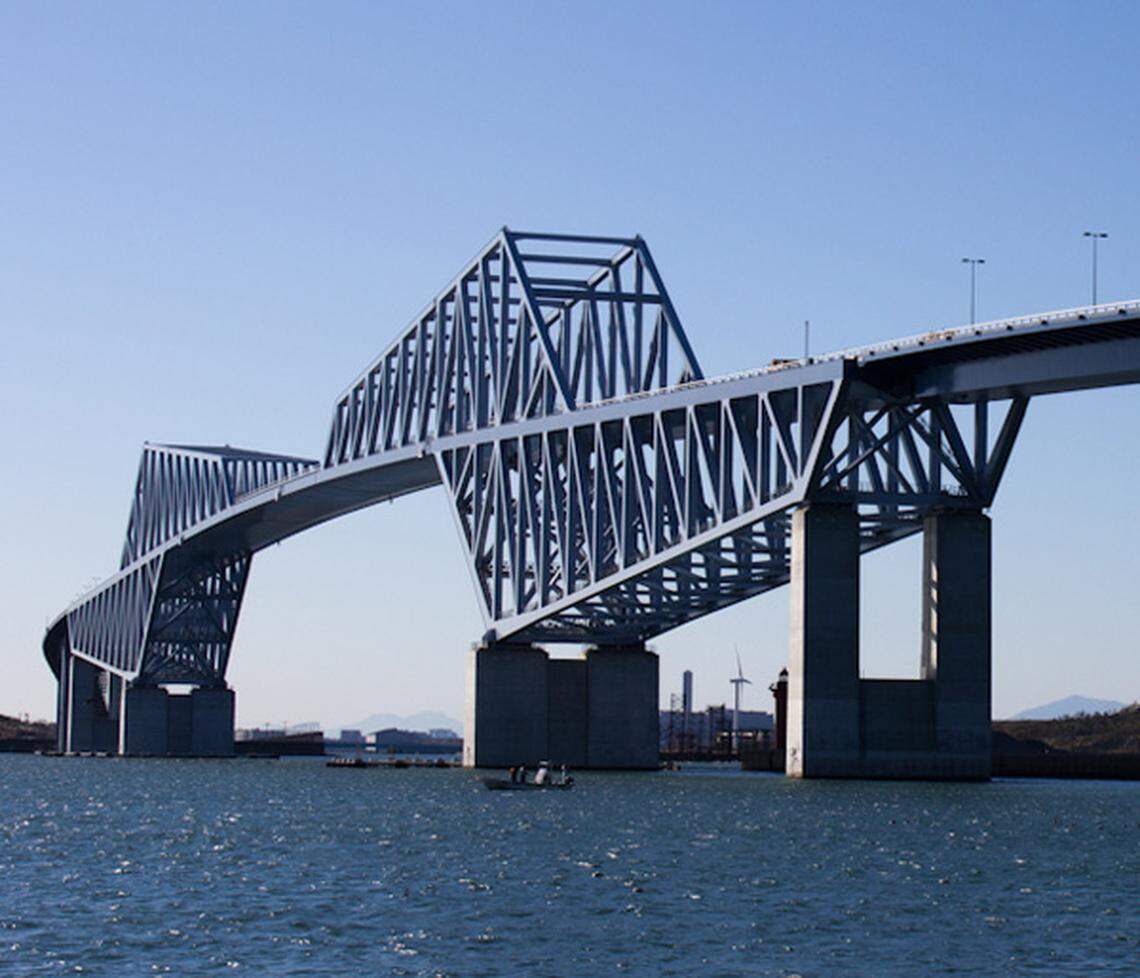 The Tokyo Gate Bridge in Japan is a dramatic 'truss' bridge that spans roughly 1.6 miles. The vertical supports on both edges of the bridge help hold it up.
