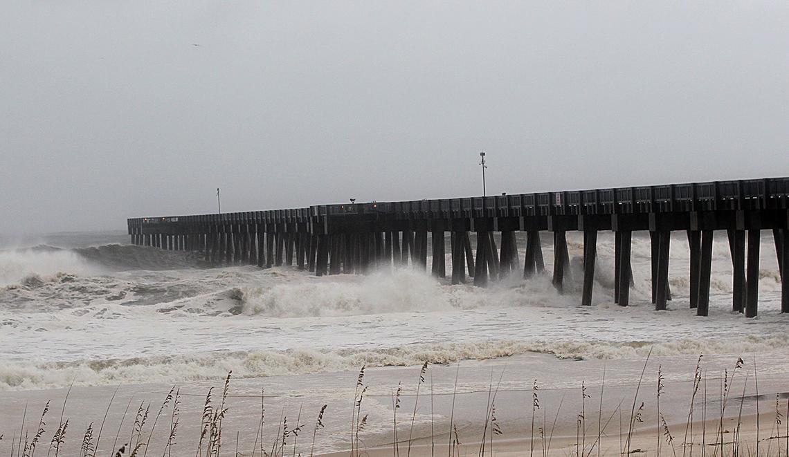 View of the city pier early Wednesday morning in Panama City Beach, as Florida’s Panhandle prepared for its worst hurricane strike in at least a decade as Michael gained power overnight. The storm later made landfall as a powerful Category 4 hurricane just east of Mexico Beach at 1 p.m. Central Daylight Time on Oct. 10, 2018.