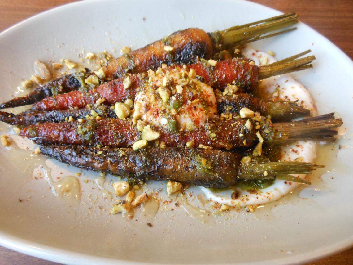 Roasted rainbow carrots with crushed pistachios at Silverlake Bistro.