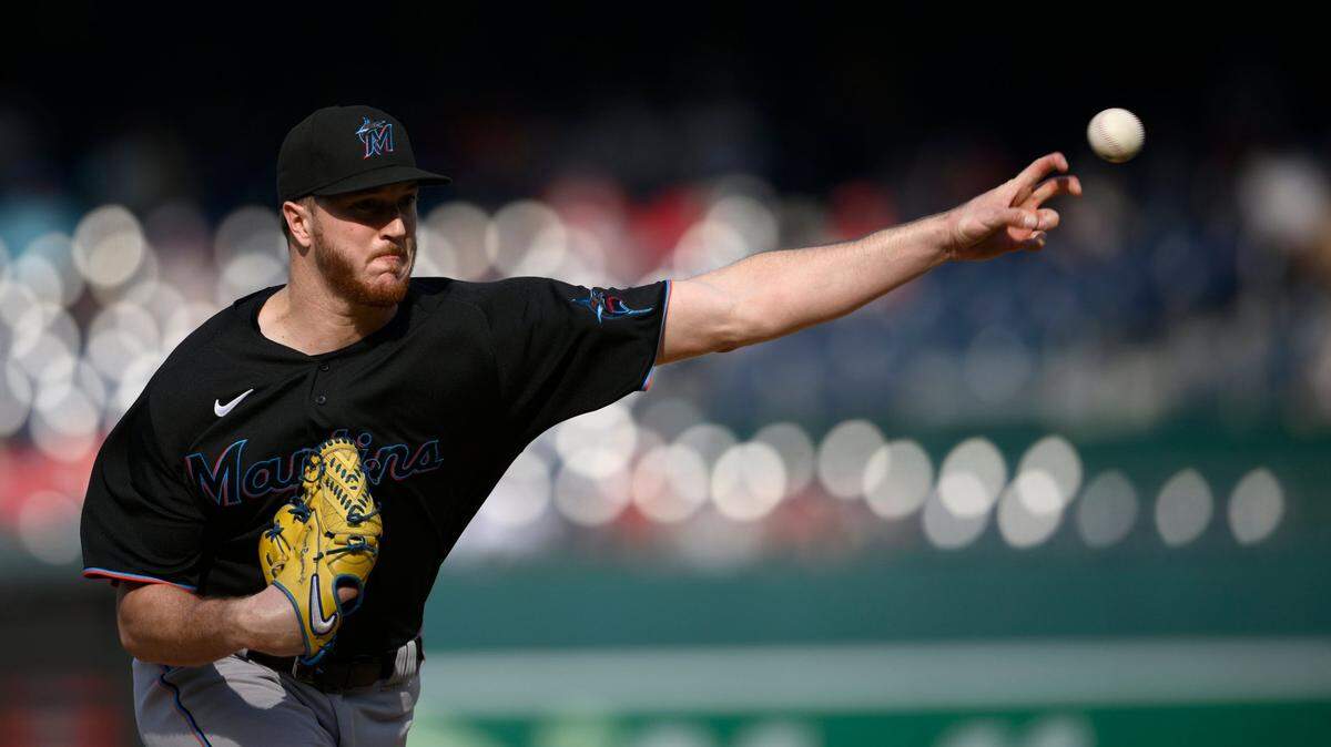 Miami Marlins starting pitcher Trevor Rogers throws during the first inning of a baseball game against the Washington Nationals, Saturday, Sept. 17, 2022, in Washington.