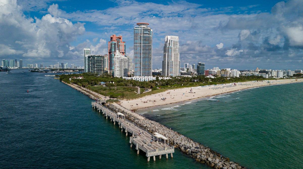 Aerial view of South Pointe Park Pier on Wednesday, Oct. 12, 2022, in Miami Beach, Fla.