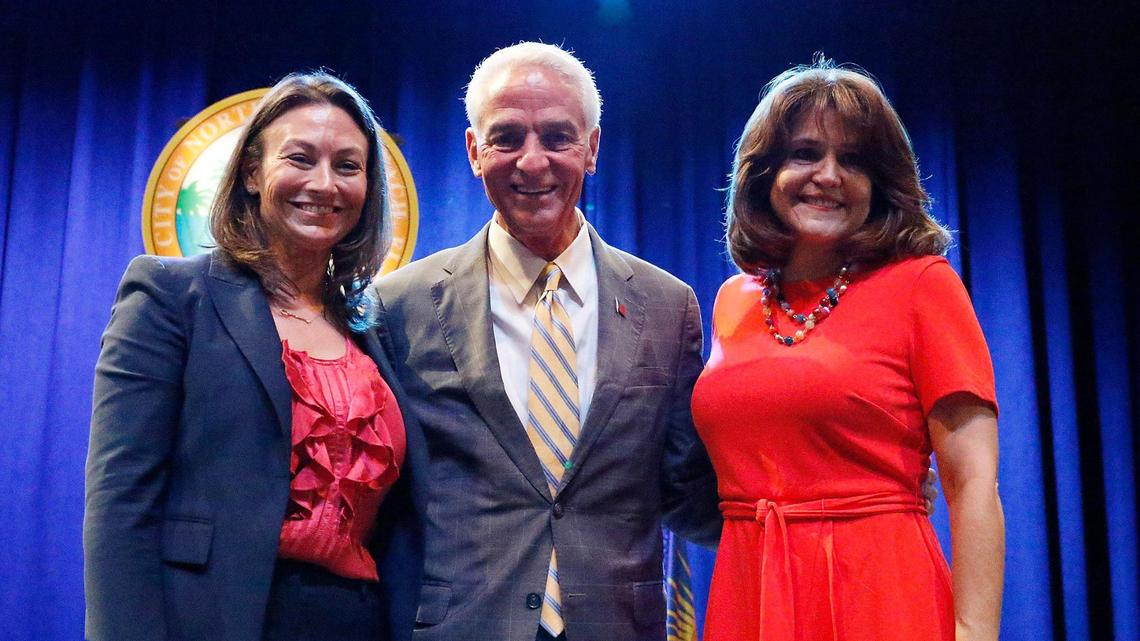 Florida gubernatorial candidates (from left) Agriculture Commissioner Nikki Fried, U.S. Rep. Charlie Crist and state Sen. Annette Taddeo pose for a picture during the gubernatorial public forum hosted by the Miami-Dade Democratic Party on Saturday, May 28, 2022, at Julius Littman Performing Arts Theater in North Miami Beach.