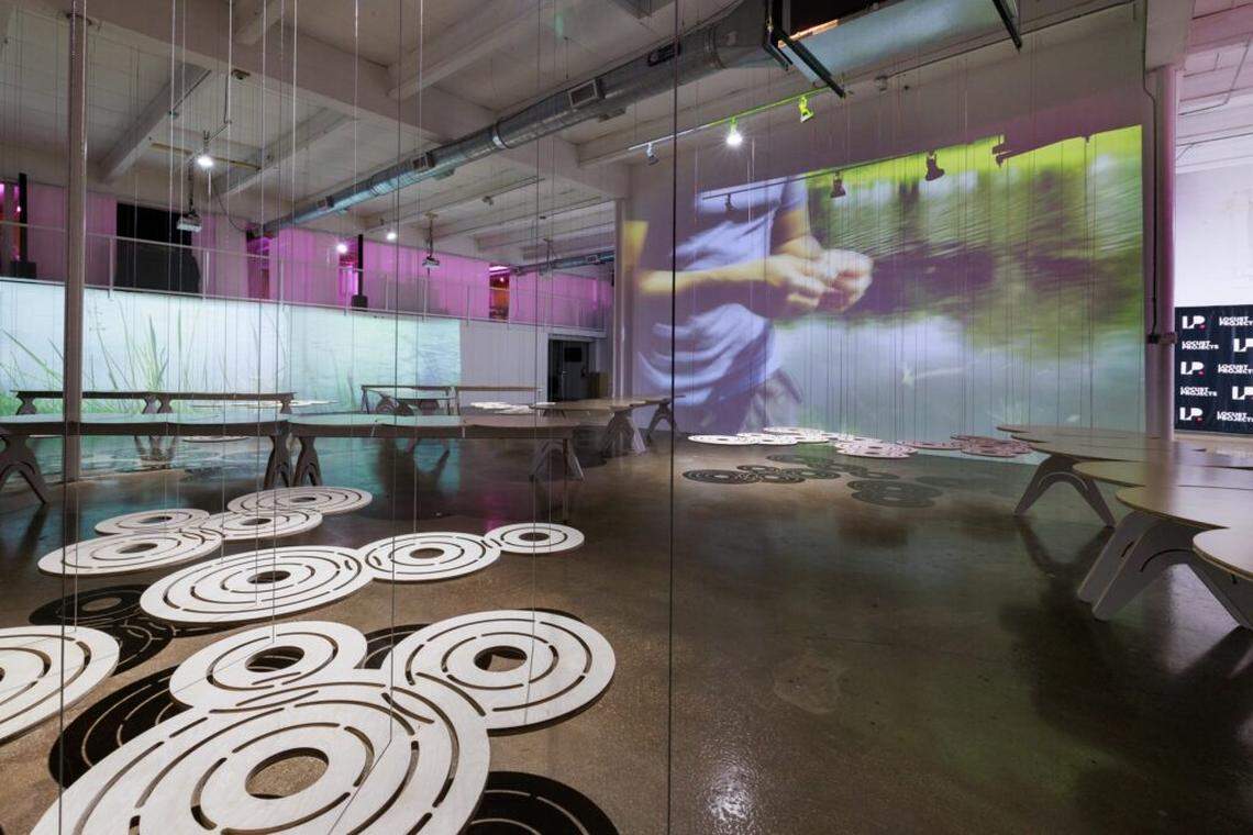 A video projection of Arturo Arrechea skipping stones at Tropical Park is part of the multi-media installation “Bare Tool” (“Herramienta desnuda”) at Locust Projects through Thursday, Jan. 23.