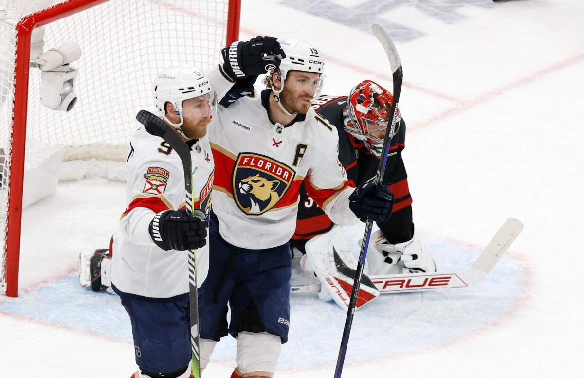 Panthers’ Sam Bennett (9) celebrates with Matthew Tkachuk (19) after he scored during the second period of the Carolina Hurricanes’ game against the Florida Panthers in Game 2 of the Eastern Conference Final at the Lenovo Center in Raleigh, N.C., Thursday, May 22, 2025.