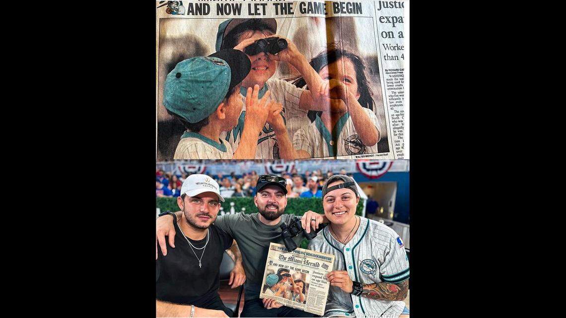 Binoculars in hand, the Nine Family kids recently recreated their front page Miami Herald photo from 1996. See item below.