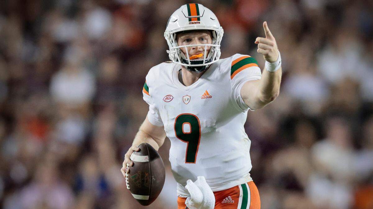 Miami Hurricanes quarterback Tyler Van Dyke (9) gestures as he looks to pass against the Texas A&M Aggies in the fourth quarter at Kyle Field, Bryan College Station, Texas on Saturday, September 17, 2022.
