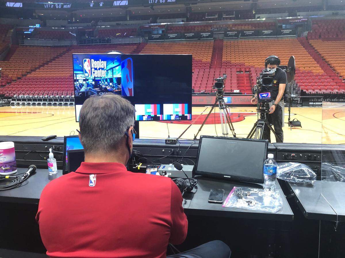 The view of Miami Heat broadcasters as they calls games from AmericanAirlines Arena amid the COVID-19 pandemic.