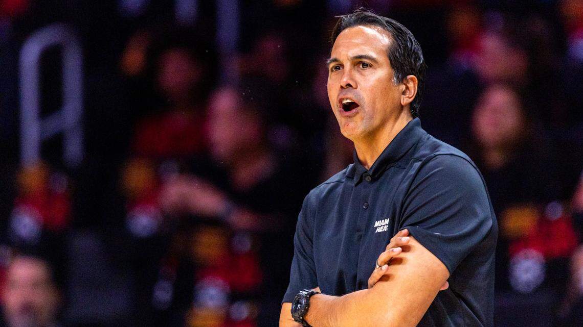 Miami Heat Head Coach Erik Spoelstra shouts instructions during the regular-season opener against the Orlando Magic on Wednesday, October 23, 2024, in Miami.