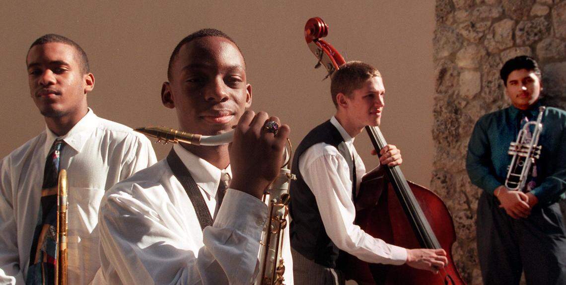 In this March 2, 1997, file photo, Dion Tucker, then 17, Marcus Strickland, then 18, bass player Jason Mendelson, then 16, and Michael Rodriguez, then 17, were members of the New World School’s Jazz Ensemble that was part of that year’s Grammy Awards telecast.