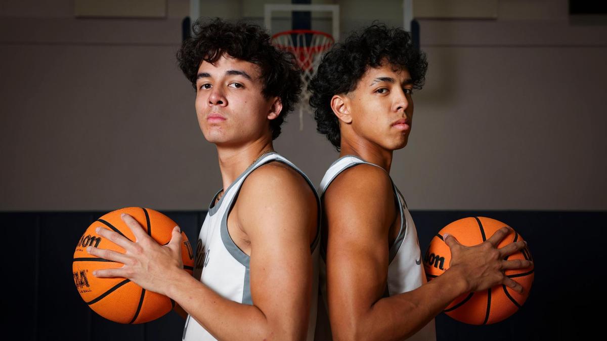 Myles Fuentes, left, and his brother Mason from Riviera Prep, pose during a photo shoot for Miami-Dade basketball players of the year on Tuesday, April 8, 2025, at Riviera Schools Preparatory School Campus in Miami, Fla.