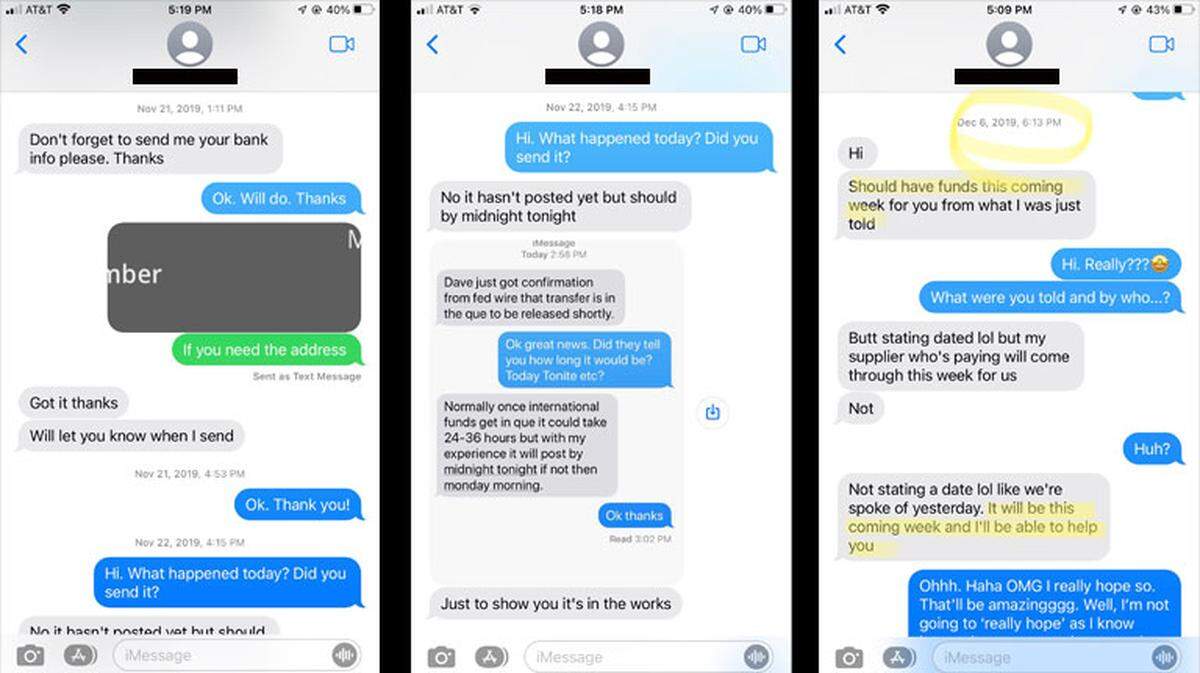 Texts between Rachel Ehrenreich and David Coriaty show Ehrenreich asking about the money he owed her and Coriaty indicating he expects to pay imminently. The texts are from late 2019. Ehrenreich’s texts are in blue.