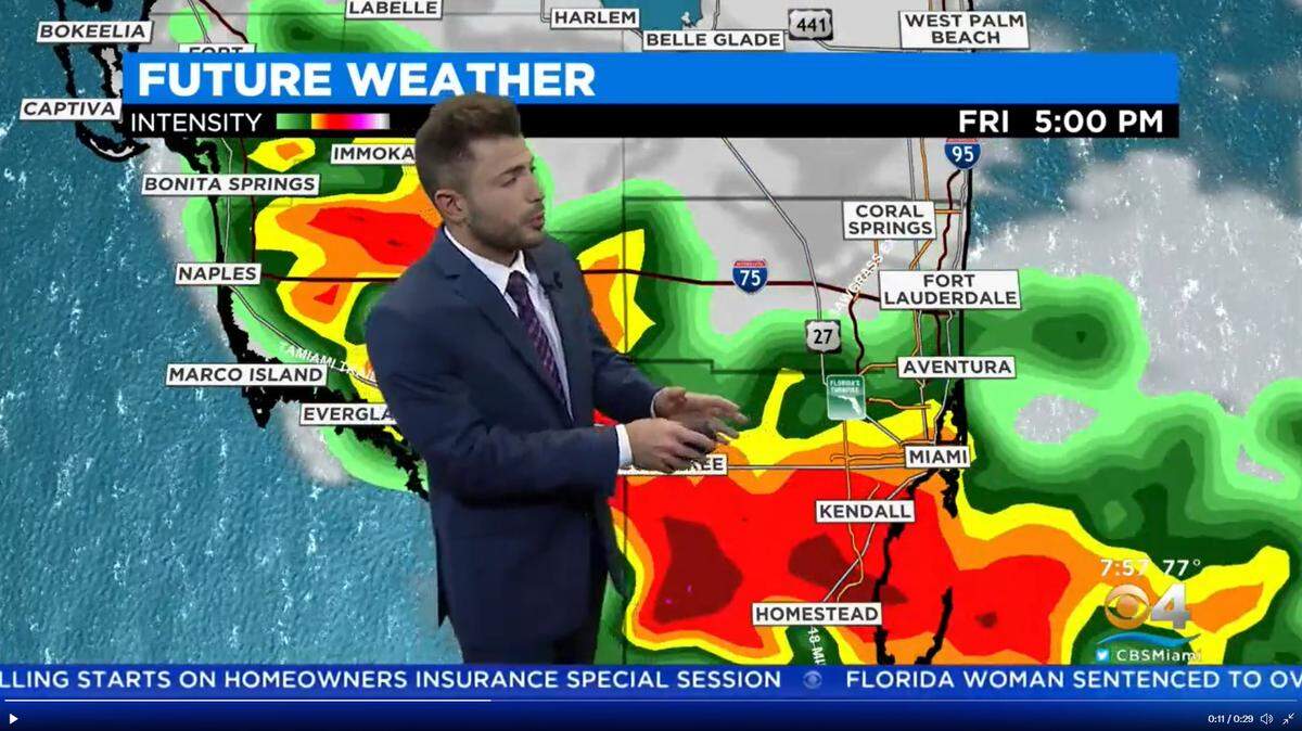 In a video broadcast CBS4 meteorologist Austin Carter said Friday’s strongest storms on April 15, 2022, should pop up around 1 p.m. in Miami-Dade and Broward and then linger into the 5 p.m. rush hour.