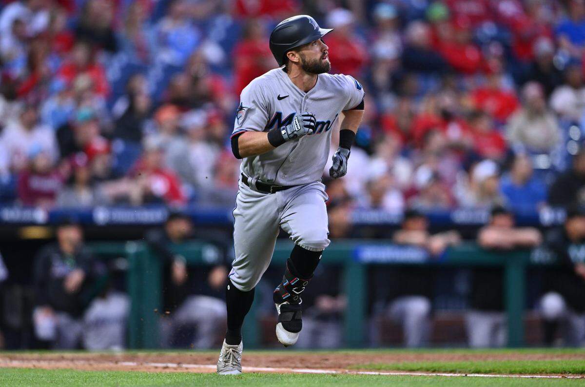 Miami Marlins shortstop Jon Berti (5) watches after hitting a home run against the Philadelphia Phillies in the third inning at Citizens Bank Park on April 11, 2023.