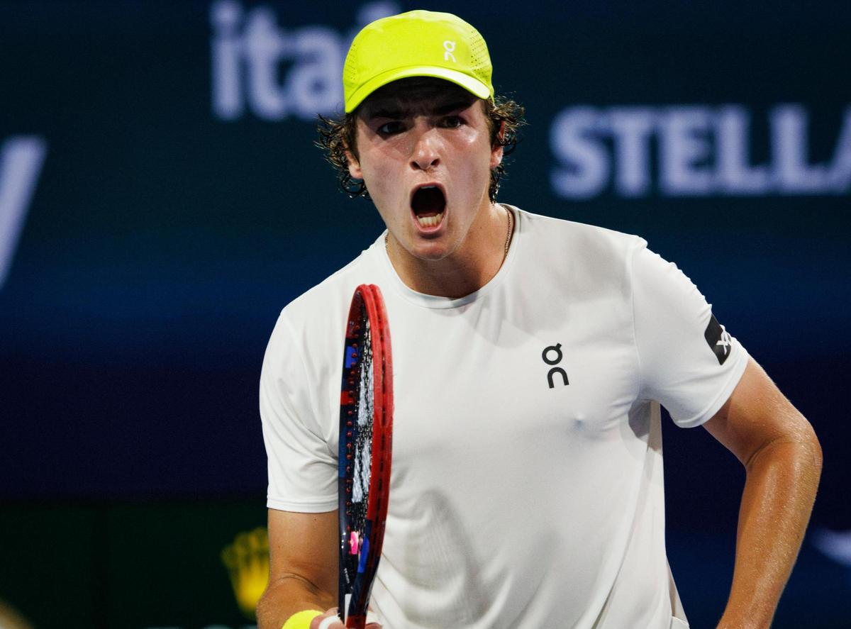 Joao Fonseca (BRA) celebrates winning a game against Alex de Minaur (AUS) tying the games after winning the first set during the Miami Open on Monday, March 24, 2025, at Hard Rock Stadium in Miami Gardens, Fla.