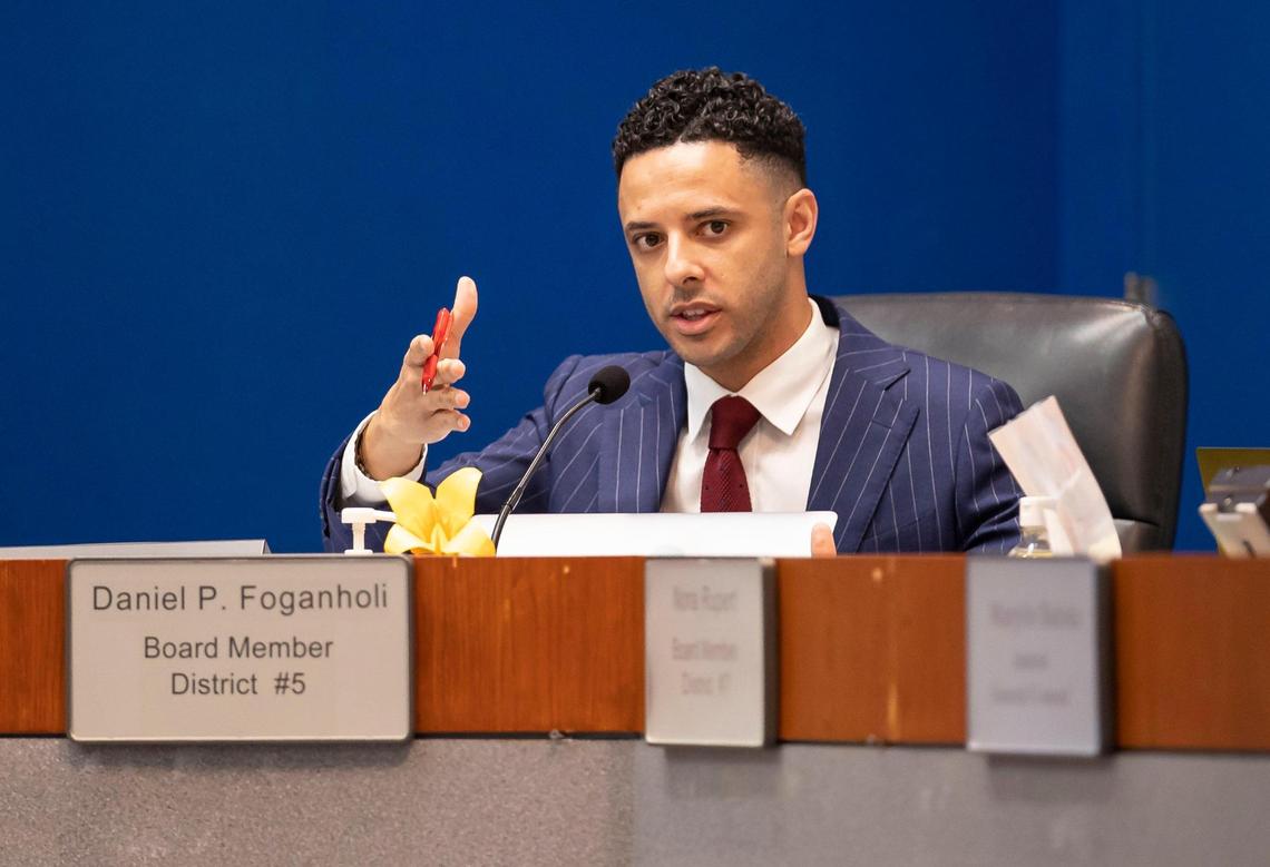 Broward County School Board member Daniel P. Foganholi speaks during a meeting at the Kathleen C. Wright Administration Center on Monday, Nov. 14, 2022, in Fort Lauderdale, Fla. He proposed the motion Monday to fire Broward Superintendent Vickie Cartwright. The board voted 5-4 to fire Cartwright late Monday night. Gov. DeSantis appointed him to the School Board in April. He did not run for a School Board seat on the Nov. 8 ballot and will be off the board shortly.