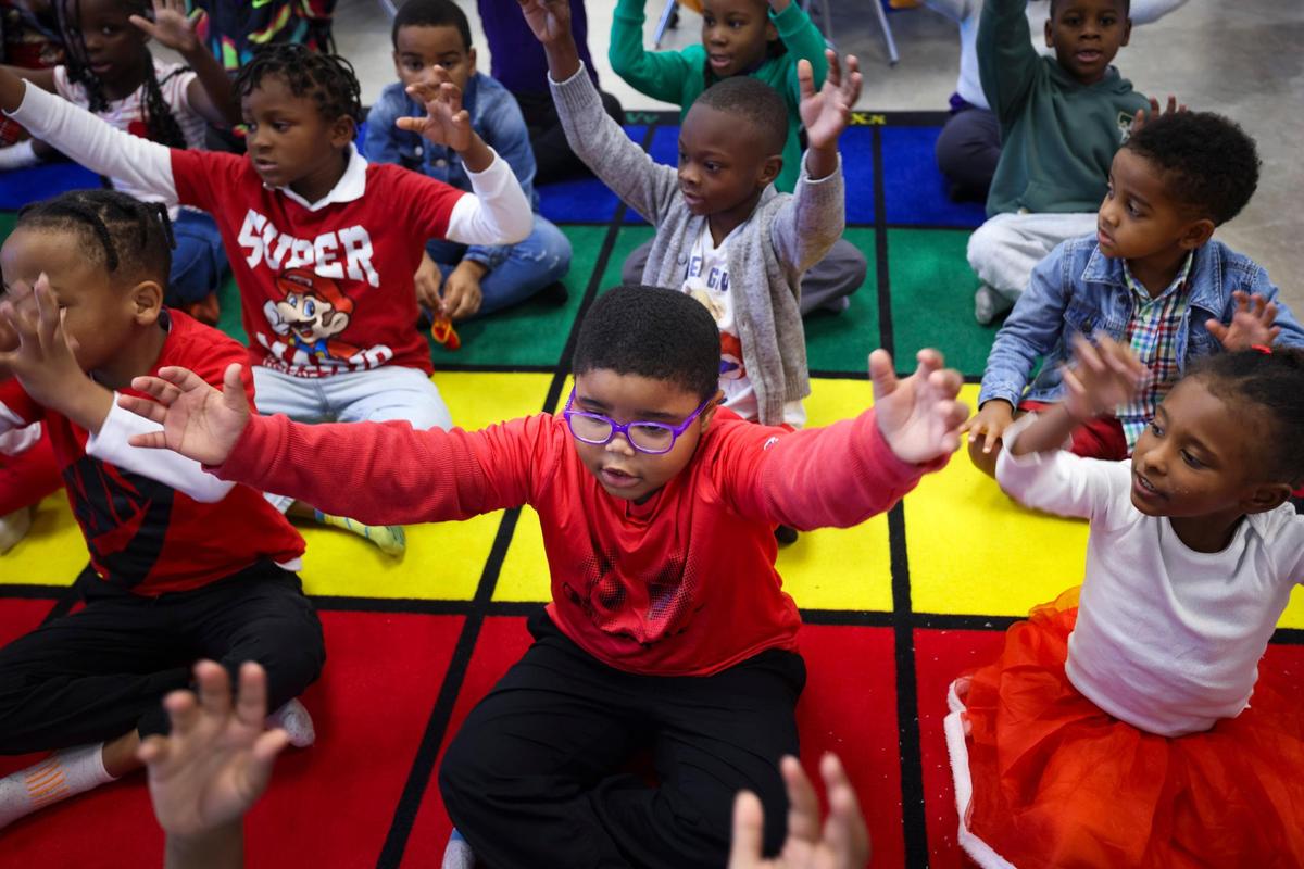 Kindergarten through second graders do a learning exercise in Apryl Shackelford’s classroom during the school day on Thursday, Dec. 5, 2024, at Primer microschool in Liberty City.