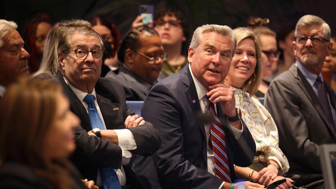Albert “Bo” Boulenger, CEO of Baptist Health South Florida, center, and other Baptist Health board members attended the Florida International University trustees meeting in April 27, 2023. A partnership between FIU’s medical school and Baptist Health was announced at the meeting.