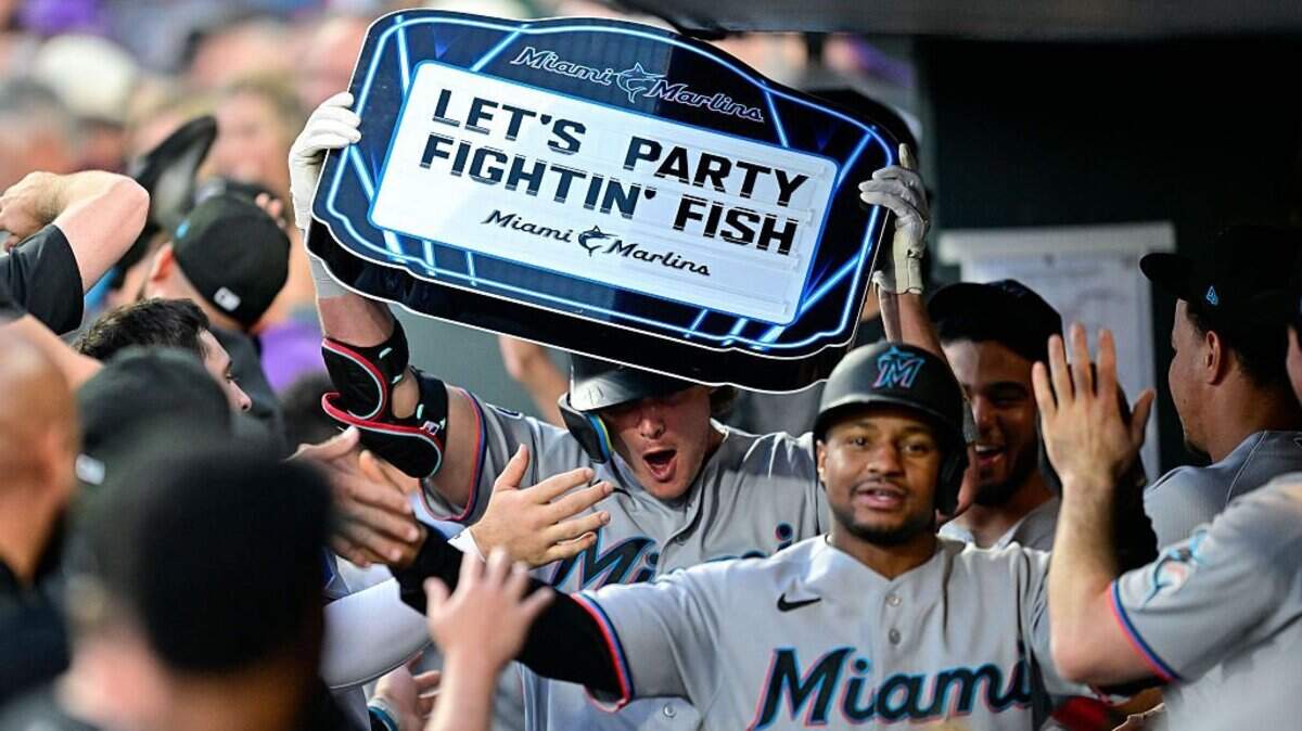 DENVER, COLORADO - JUNE 29: Griffin Conine #18 of the Miami Marlins celebrates after hitting a three-run home run in the fifth inning against the Colorado Rockies at Coors Field on June 29, 2026 in Denver, Colorado. (Photo by Dustin Bradford/Getty Images)