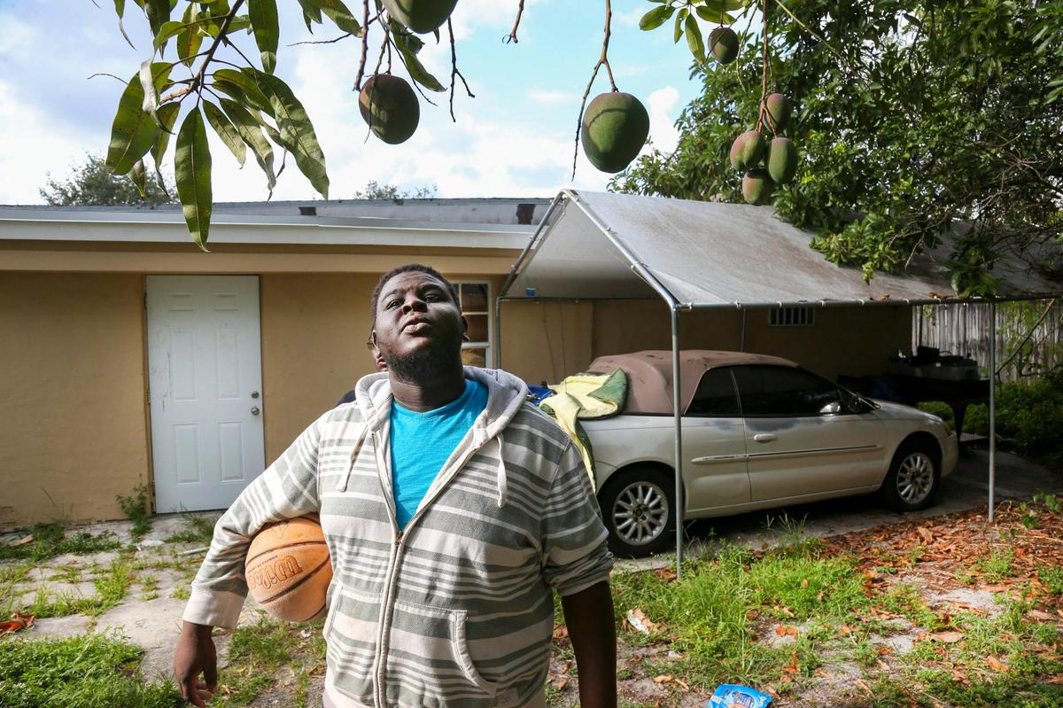 Mardochee Pierre, 23, holds a basketball while looking at mangos hanging from a mango tree in the yard of his family’s rental home in North Miami, Florida, on Wednesday, May 25, 2022.