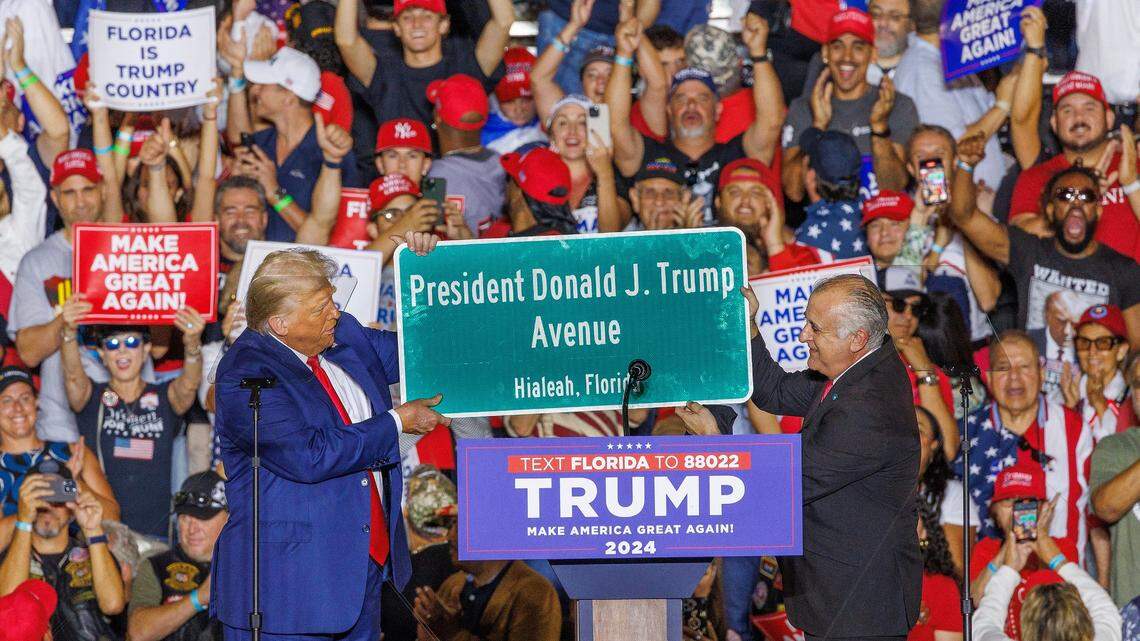 City of Hialeah Mayor Esteban Bovo, Jr. presented a street sign bearing the name of former President Donald Trump after his announcement of his proposal to the city council to named a Hialeah street in his name during a rally at Ted Hendricks Stadium at Henry Milander Park in Hialeah, on Wednesday, November 8, 2023.
