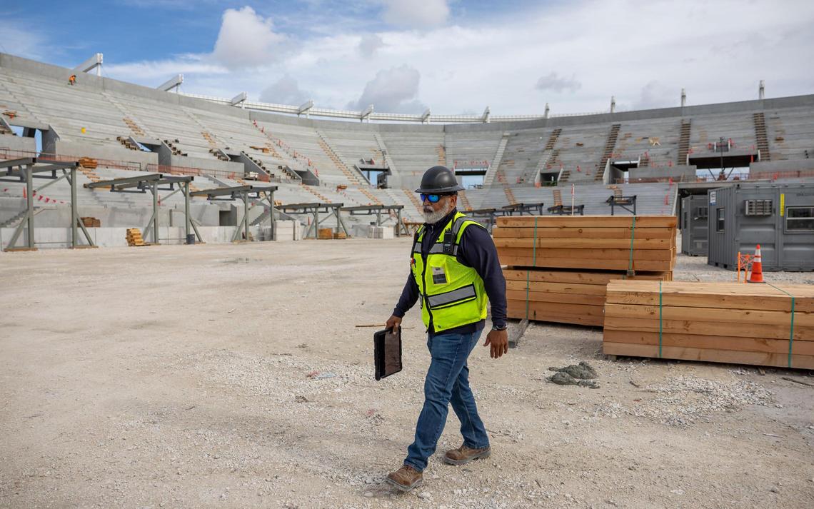 Jose Ayala, general superintendent on site for Lemartec, walks by as construction progresses at Miami Freedom Park on Tuesday, June 24, 2025, in Miami, Fla.
