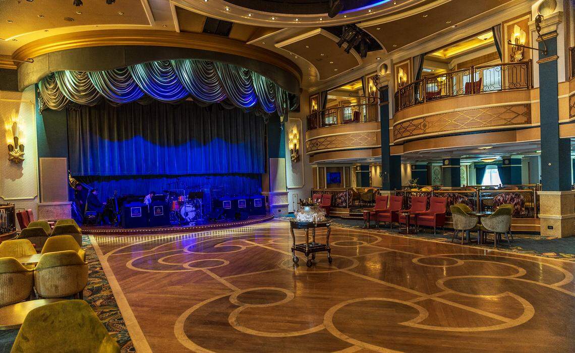 View of the dance floor on deck two of the Cunard cruise ship Queen Elizabeth', as it sits docked at PortMiami on Thursday, Oct. 16, 2025, in Miami. The vessel arrived around 6 a.m. and will be based in Miami for six months, offering voyages to the Caribbean. After tours and festivities, the ship is scheduled to depart later Thursday on its inaugural 12-night Caribbean cruise.