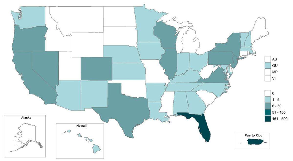 States and territories reporting dengue cases in 2022, as of Oct. 5, according to the Centers for Disease Control and Prevention.