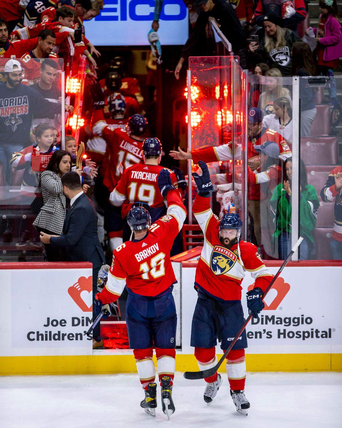 Florida Panthers center Aleksander Barkov (16) reacts with teammate Radko Gudas (7) after a 4-3 win over the Philadelphia Flyers during an NHL game at FLA Live Arena in Sunrise, Florida, on Wednesday, October 19, 2022.