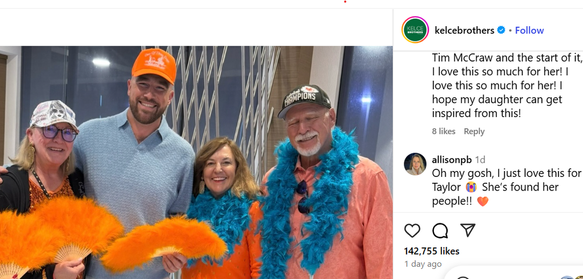Travis Kelce poses with his mother Donna and his aunt and uncle in Jacksonville on Sunday, his birthday, after seeing Taylor Swift’s “Official Release Party of a Showgirl,” as per Instagram fan account The Kelce Brothers