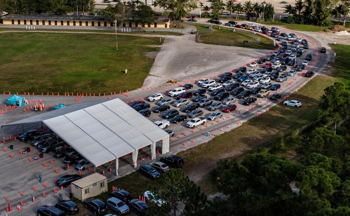 Lines of cars seen at Tropical Park to get the COVID-19 test on Tuesday afternoon, January 04, 2021.