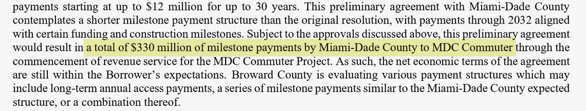 Brightline said in a 2024 bond offering that it could receive $330 million in a deal for a public commuter train from downtown Miami to Aventura.