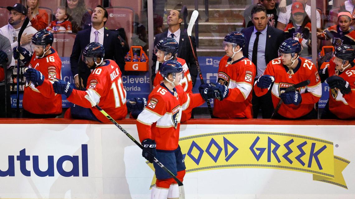 Florida Panthers center Anton Lundell (15) celebrates with the bench after scoring a goal during the first period of an NHL game against the Detroit Red Wings at the FLA Live Arena on Saturday, March 5, 2022 in Sunrise, Fl.