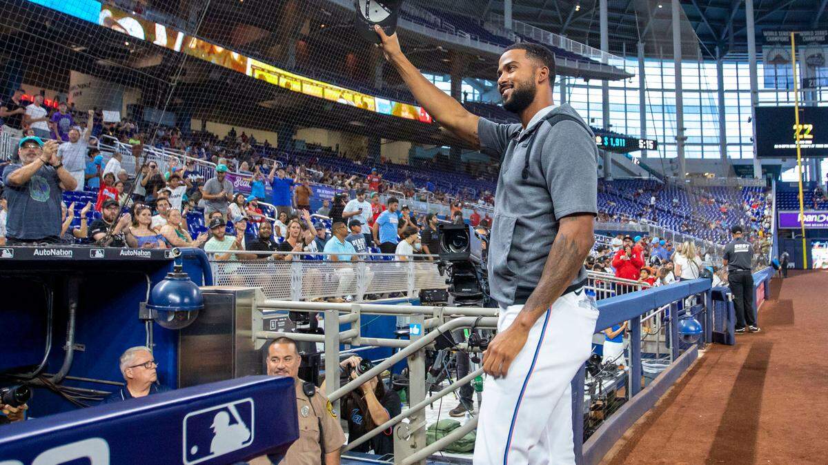 Miami Marlins pitcher Sandy Alcantara (22) reacts to fans and a video tribute during the final MLB game of the season at loanDepot park in the Little Havana neighborhood of Miami, Florida, on Wednesday, October 5, 2022.