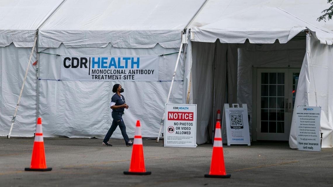 A worker at a monoclonal antibody treatment site for COVID-19 at Miami Dade College North Campus in Miami, Florida, on Wednesday, January 19, 2022. In April, as federal funds dried up, Florida closed more than a dozen public sites that provided free monoclonal antibody treatments throughout the state.