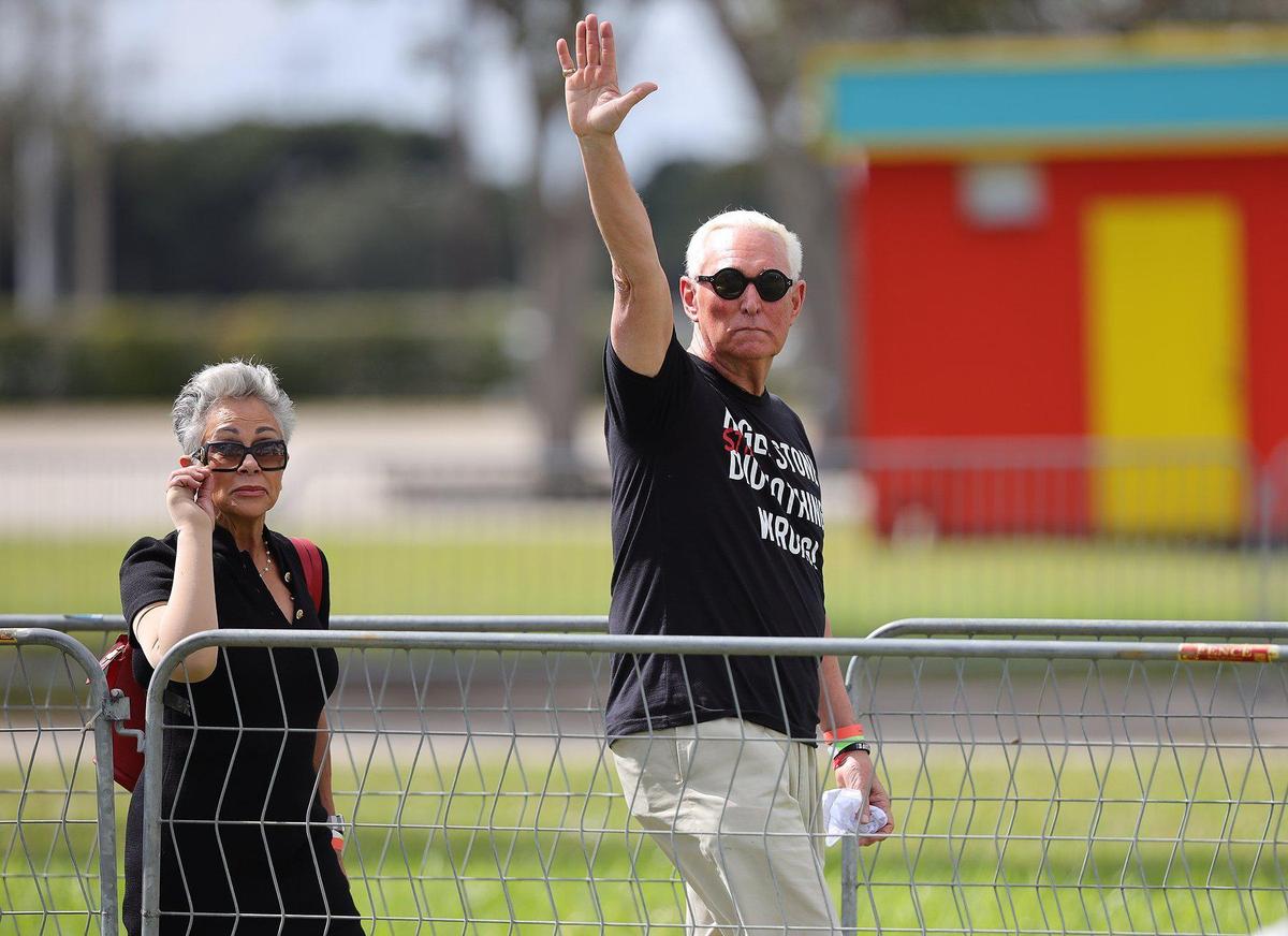 Roger Stone waves to supporters as he arrives at a Republican rally at the Youth Fairgrounds in Miami. On Sunday, November 6, 2022 former President Donald Trump and a collection of other national and local Republicans campaign with U.S. Sen. Marco Rubio on the eve of the Nov. 8 election.