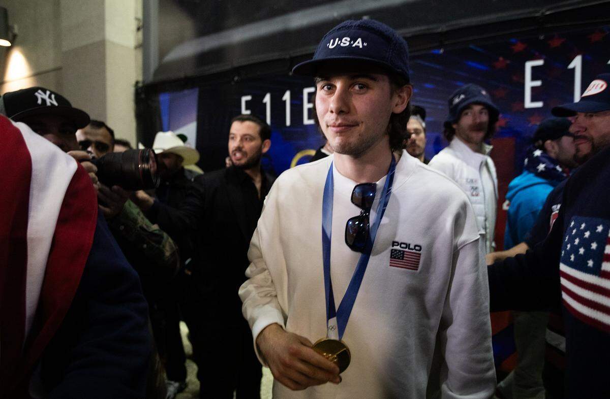 Jack Hughes of the United States men’s hockey team arrives with teammates at E11EVEN Miami during a gold medal celebration on Monday, Feb. 23, 2026, in Miami, after returning from Milan following their victory over Canada at the 2026 Winter Olympics in Milan-Cortina, Italy.