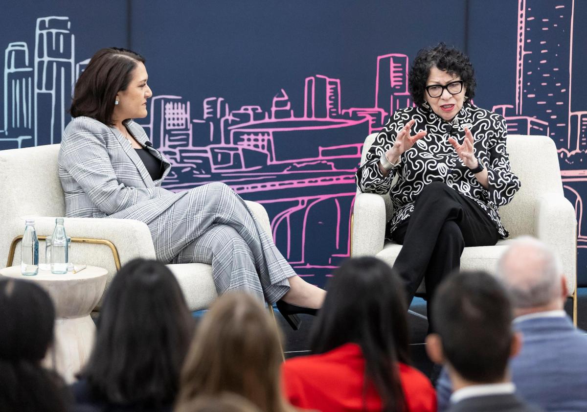 U.S. Supreme Court Justice Sonia Sotomayor, right, and Knight Foundation President and CEO Maribel Pérez Wadsworth speak at the Miami Dade College Padron Campus on Tuesday, Feb. 11, 2025, in Miami, Fla.