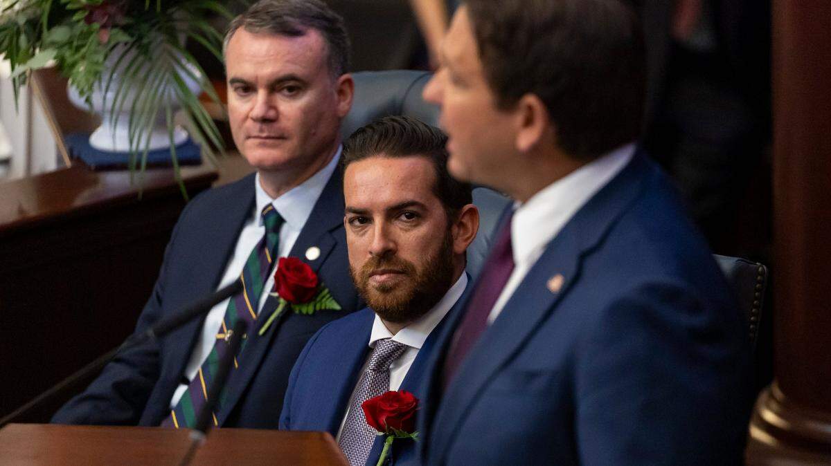 Florida Gov. Ron DeSantis delivers his State of the State address as Florida House Speaker Daniel Perez, R-Miami, listens during the first day of the legislative session at the Florida State Capitol on Tuesday, March 4, 2025, in Tallahassee, Fla.