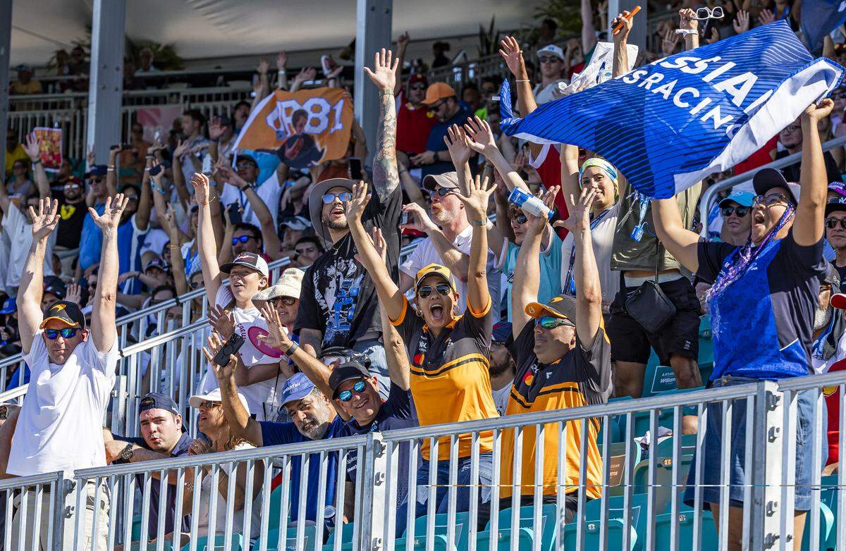 Fans cheer as drivers participate in a Qualifying session on the second day of the Formula One Miami Grand Prix at the Miami International Autodrome on Saturday, May 2, 2026, in Miami Gardens, Fla.