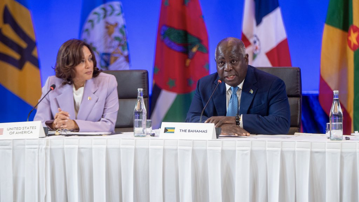 U.S. Vice President Kamala Harris, left, meets with Bahamas Prime Minister Philip Davis in Nassau, days before Davis and leaders of the 15-Caribbean Community, CARICOM, hold talks in Jamaica with Haitians in hopes of breaking the country’s political logjam.