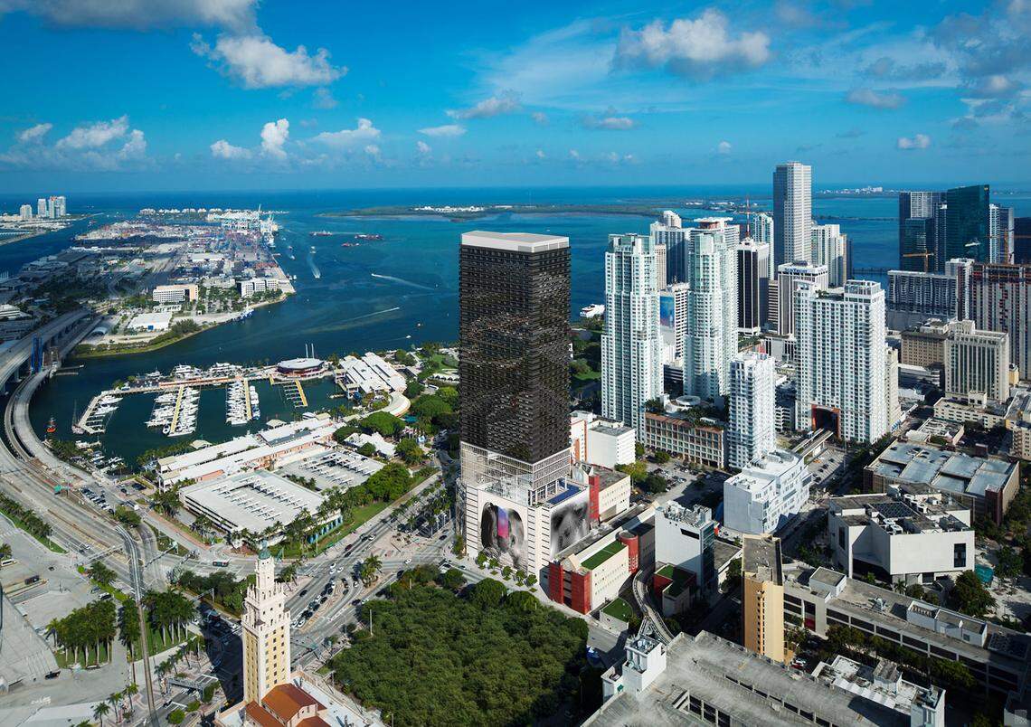 Representación artística del edificio que se construirá en 400 Biscayne Blvd., una torre de apartamentos que se alquilará por habitaciones, además del alquiler tradicional de unidades completas.