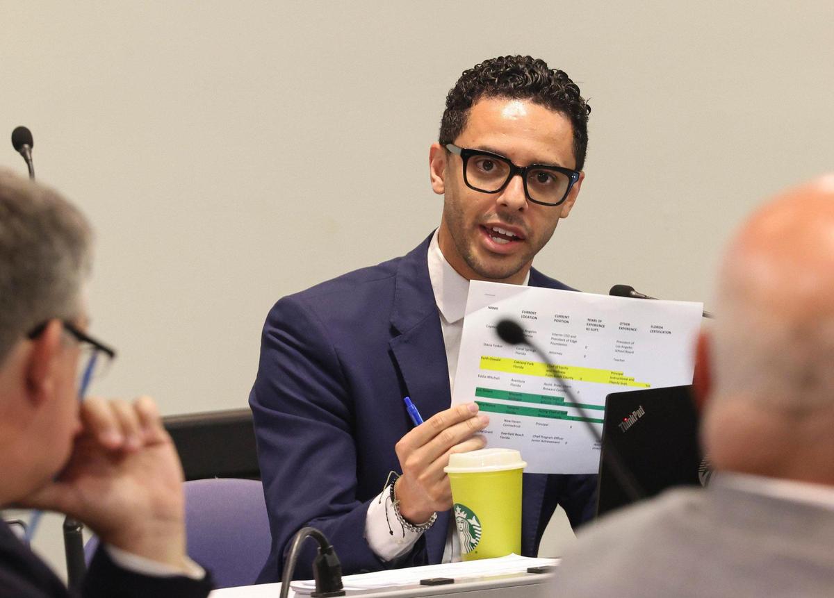 Daniel Foganholi, District 1, addresses the independent search firm working with human resources to find candidates for a new superintendent during the Broward County School Board meeting on Tuesday, May 2, 2023, in downtown Fort Lauderdale.