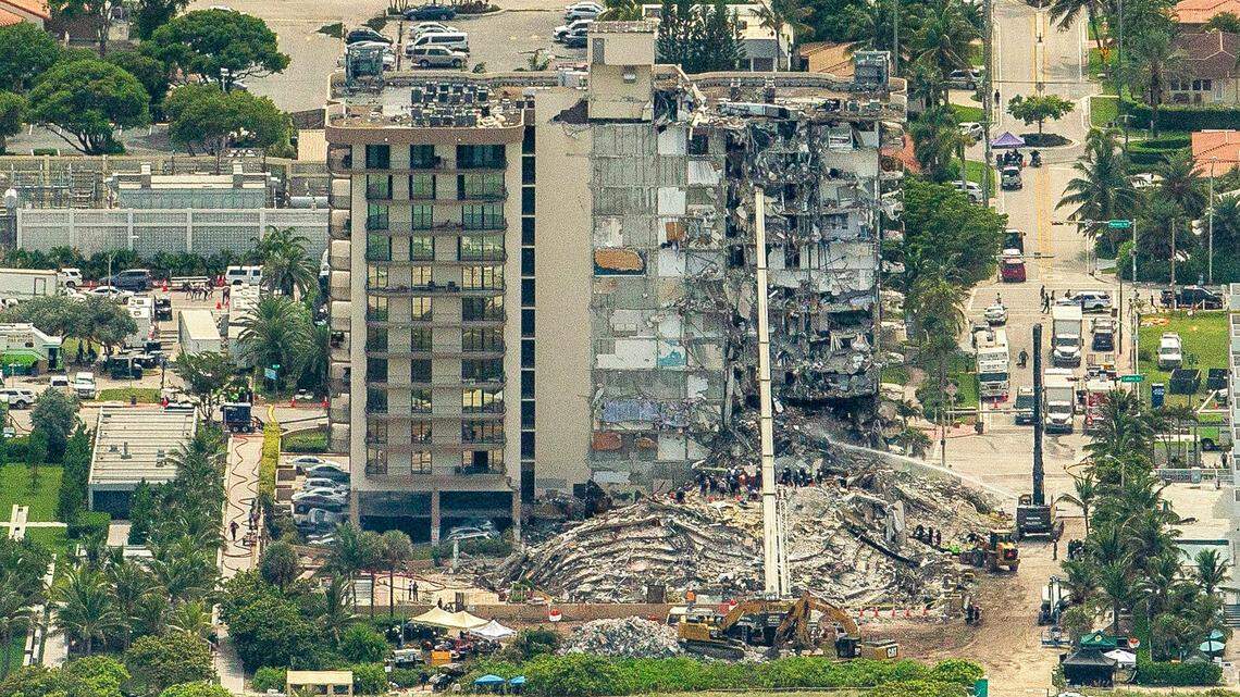 Aerial view of the rubble from the fall of the Champlain Towers South in Surfside.