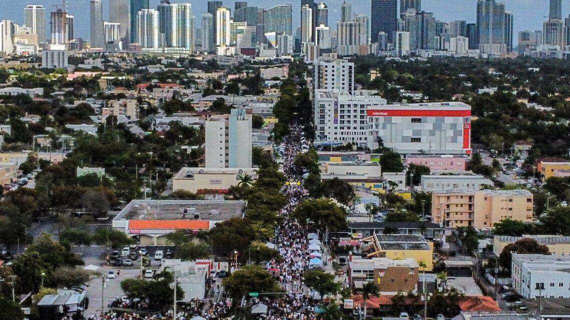 Calle Ocho is back along Southwest Eighth Street in Miami’s Little Havana neighborhood on Sunday, March 12, 2023. This is a drone shot file photo from 2022 looking east from 27th Avenue.