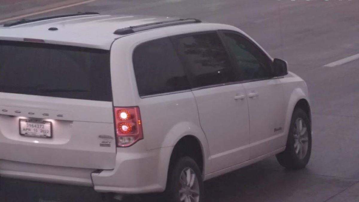 A surveillance camera still shows the white Dodge minivan Castle Rock, Colorado, police say Matthew Harless Buchanan drove away from his mother’s burning house Tuesday, April 26, 2022. Monroe County Sheriff’s Office deputies arrested Buchanan Tuesday, May 3, 2022, at a Florida Keys gas station.