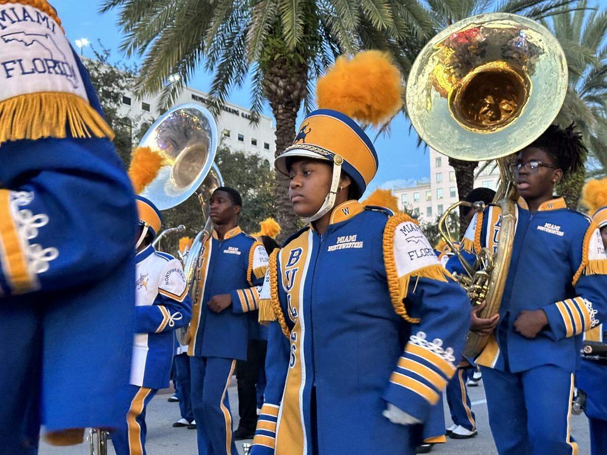 Miami Northwestern Senior High School Marching Band played music and even did a quick dance routine along the Miracle Mile route of the Junior Orange Bowl Parade on Dec. 10, 2023.