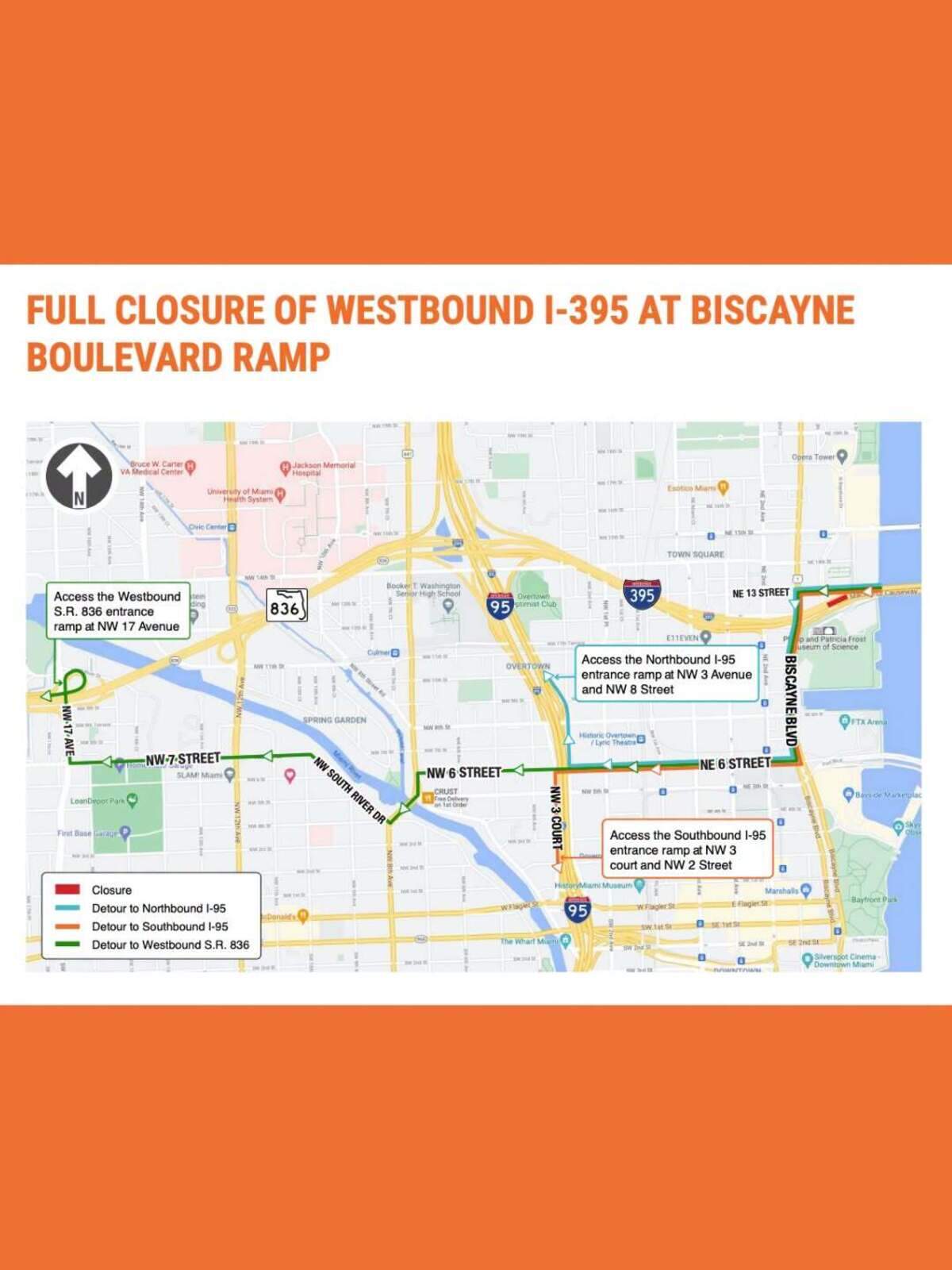 City of Miami’s traffic alert map for July 15 and 16 hours regarding overnight closures on westbound I-395 at Biscayne Boulevard.