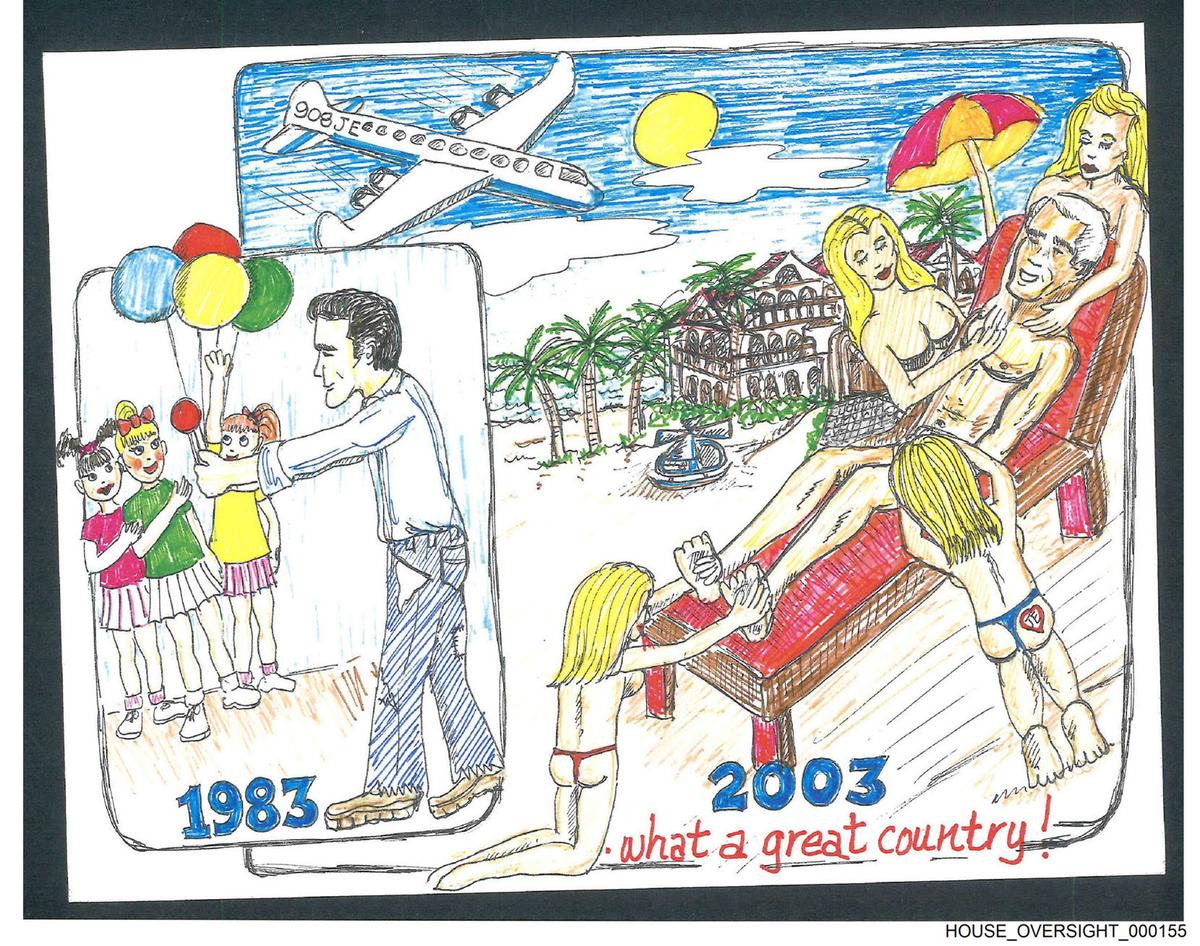 A cartoon showing Epstein giving balloons and candy to little girls that was included in Epstein's birthday book