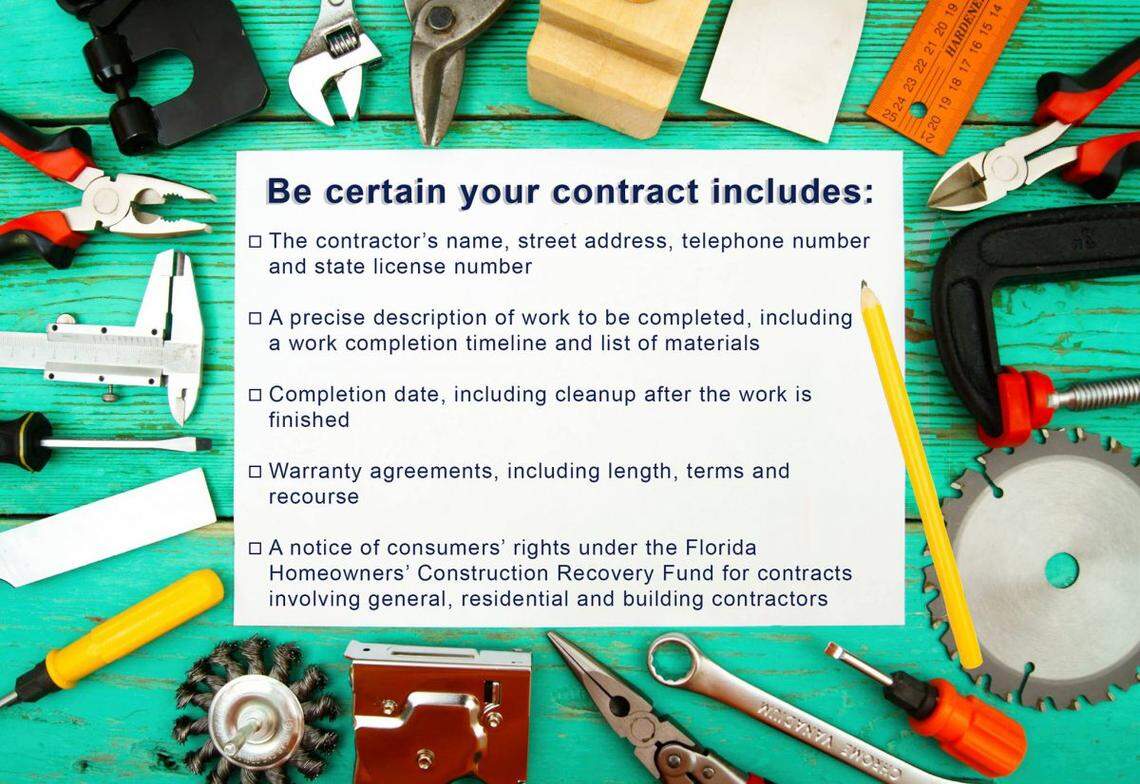 The Florida Department of Business and Professional Regulation has a list of tips on what your contract with a contractor for home repairs and renovations should include.