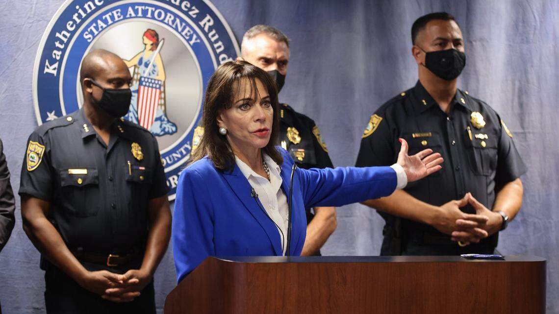 State Attorney Katherine Fernandez Rundle announces the arrest of Miami Beach police officers and shares the video involved with a rough arrest last week at the Miami-Dade State Attorney’s Office on Monday, August 2, 2021.